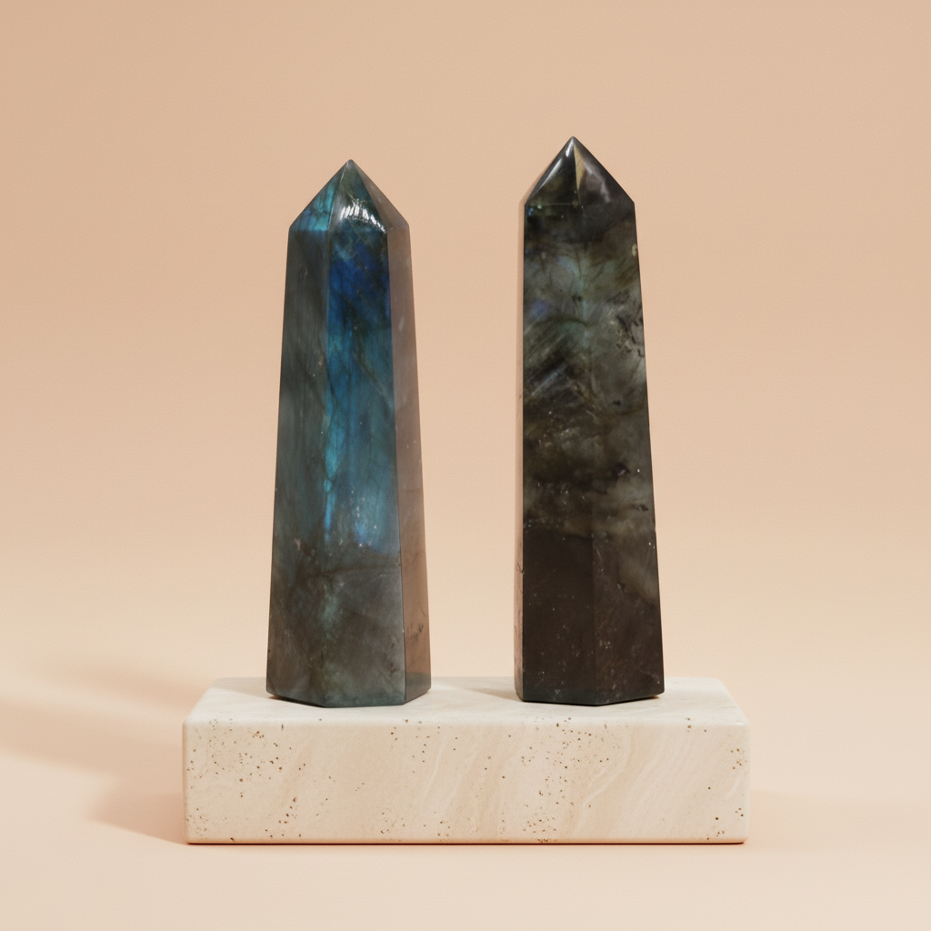 Punta de Labradorita Madagascar: gris con labradorescencia azul/verde/dorado/violeta; 80x90 mm - intuición y protección