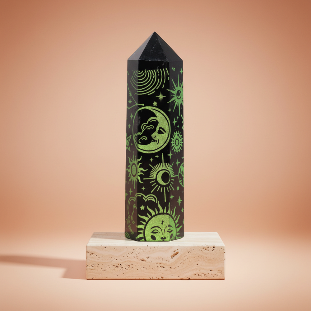 Puntas de Obsidiana Negra, torres de 9 cm y 70 g, color negro intenso, acabado facetado - protección