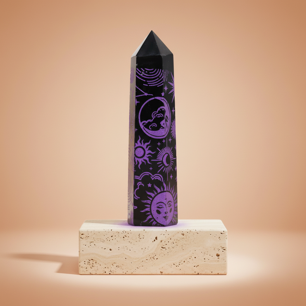 Obsidiana negra morado profundo: puntas en torres de 9 cm, 70 g, pulidas, forma afilada - para protección y claridad