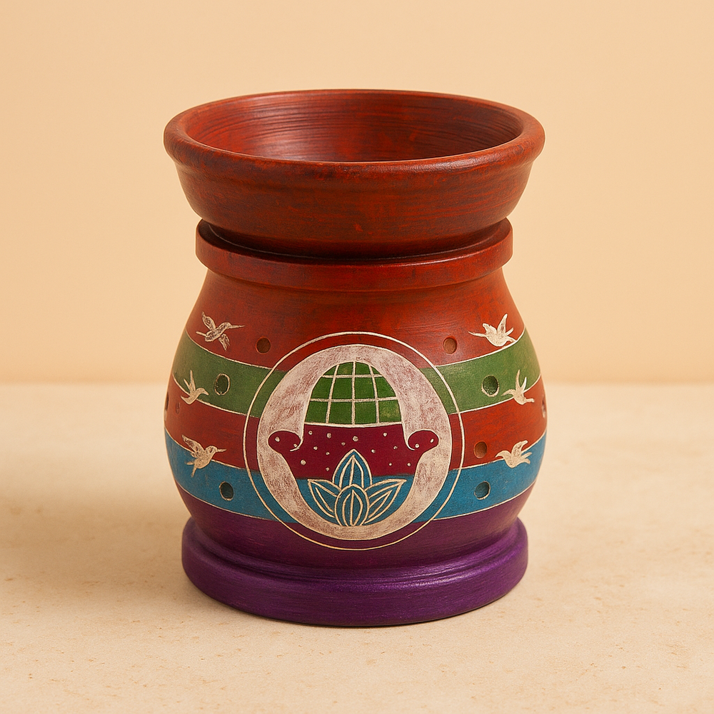 Quemador de aceite de esteatita, cuenco superior y diseño de Hamsa en cinco colores, 10 cm de altura — equilibrio y bienestar