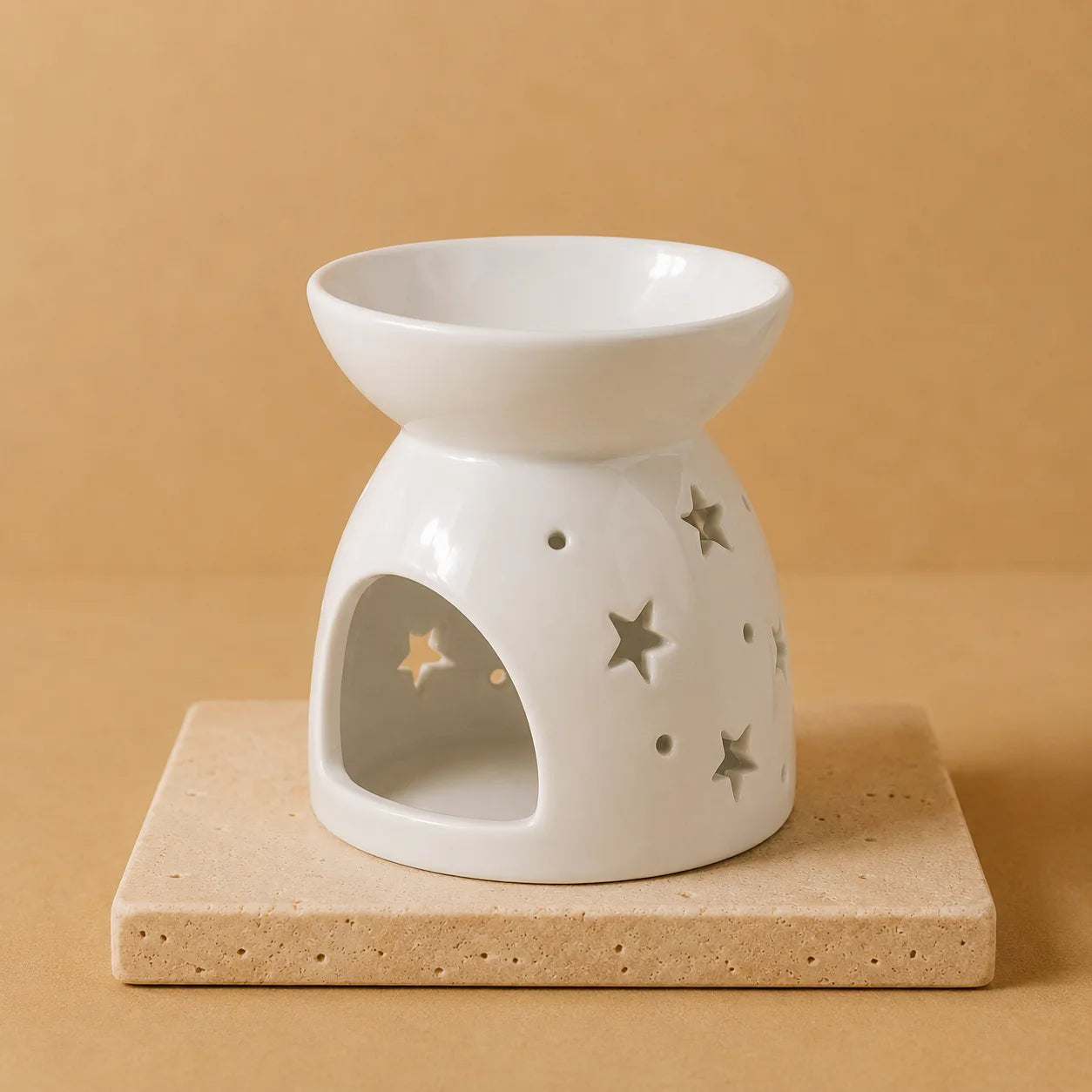 Quemador de Aceite Blanco con diseño de estrellas, cerámica y cuenco amplio para difundir aromas, emite luz cálida - bienestar