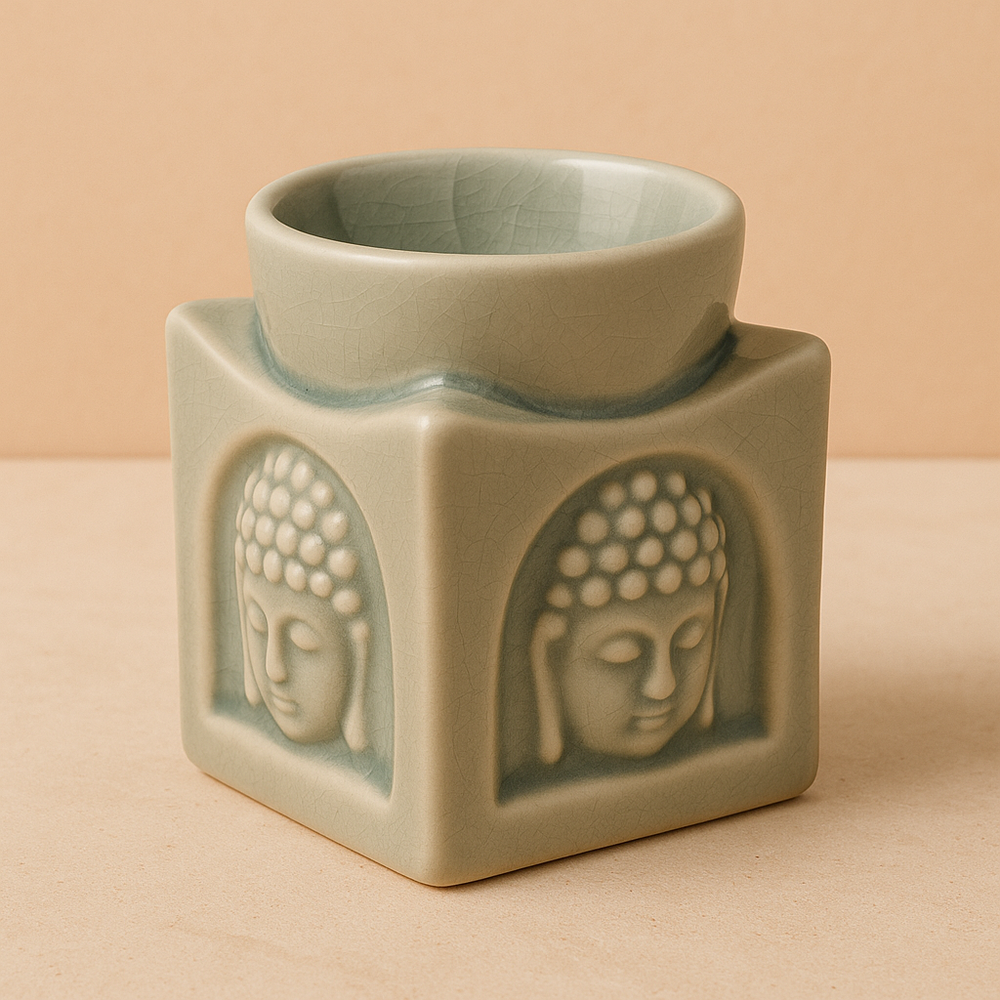 Quemador Buda Cuadrado de cerámica en Turquesa Claro, pieza con figura tallada para aromaterapia - equilibrio