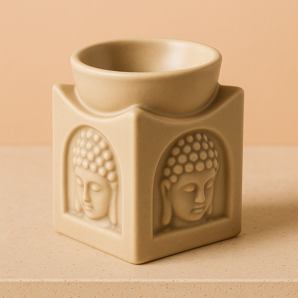 Quemador de Esencias cuadrado en cerámica jade claro con relieves de Buda, diseño compacto y estable - equilibrio