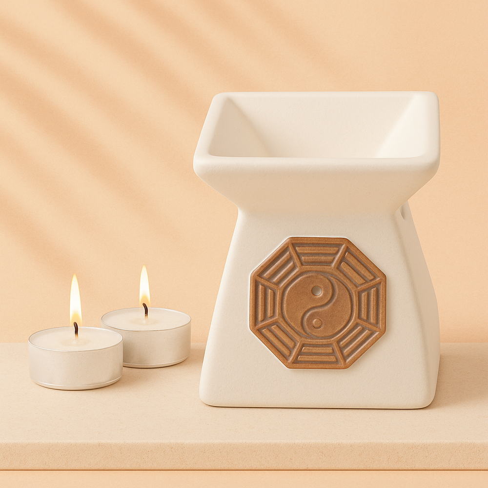 Quemador de Esencias Yin Yang: cerámica blanca con relieve y detalle en bronce, tamaño compacto - armonía
