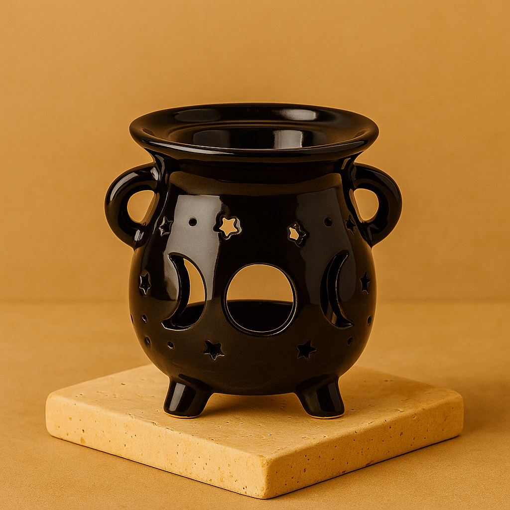 Quemador de aceite Caldero Lunar negro, cerámica de calidad con grabados lunares; compacto para aromas - equilibrio