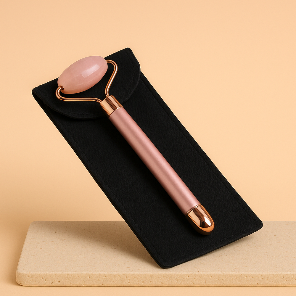 Rodillo facial con vibración de cuarzo rosa, diseño ergonómico de 15,5 × 2,5 × 3 cm, color rosado y peso 70-73 g - amor