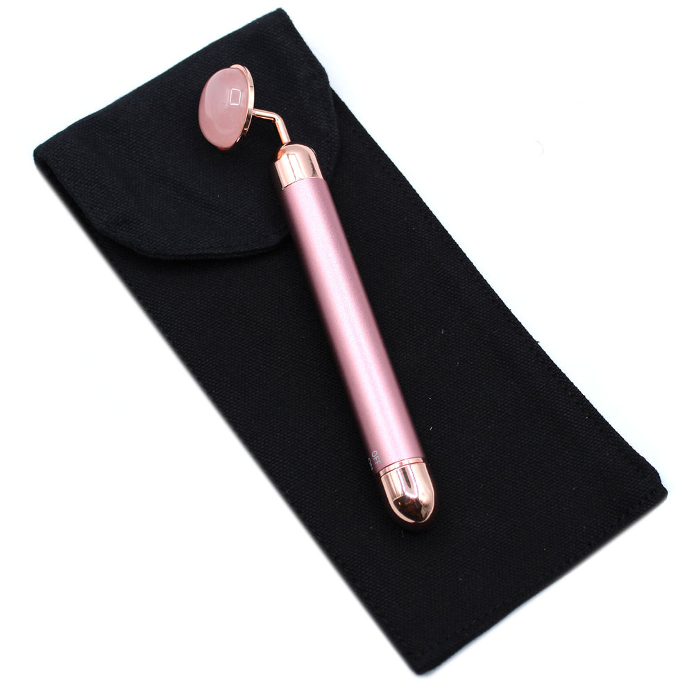 Rodillo facial con vibración de cuarzo rosa, tamaño 15,5 x 2,5 x 3 cm, peso 70–73 g - calma emocional y piel revitalizada