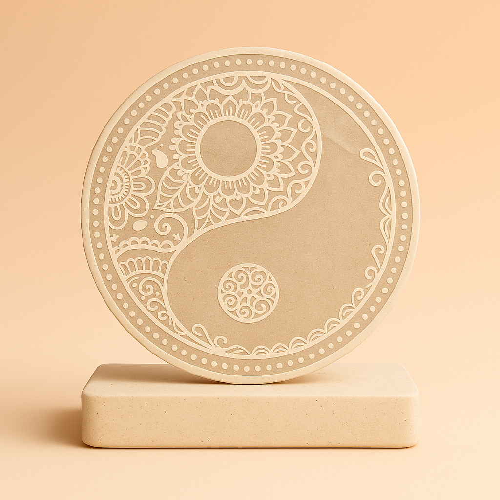 Selenita circular de 18 cm, translúcida y pulida, con grabado Yin-Yang; base para recargar cristales - equilibrio
