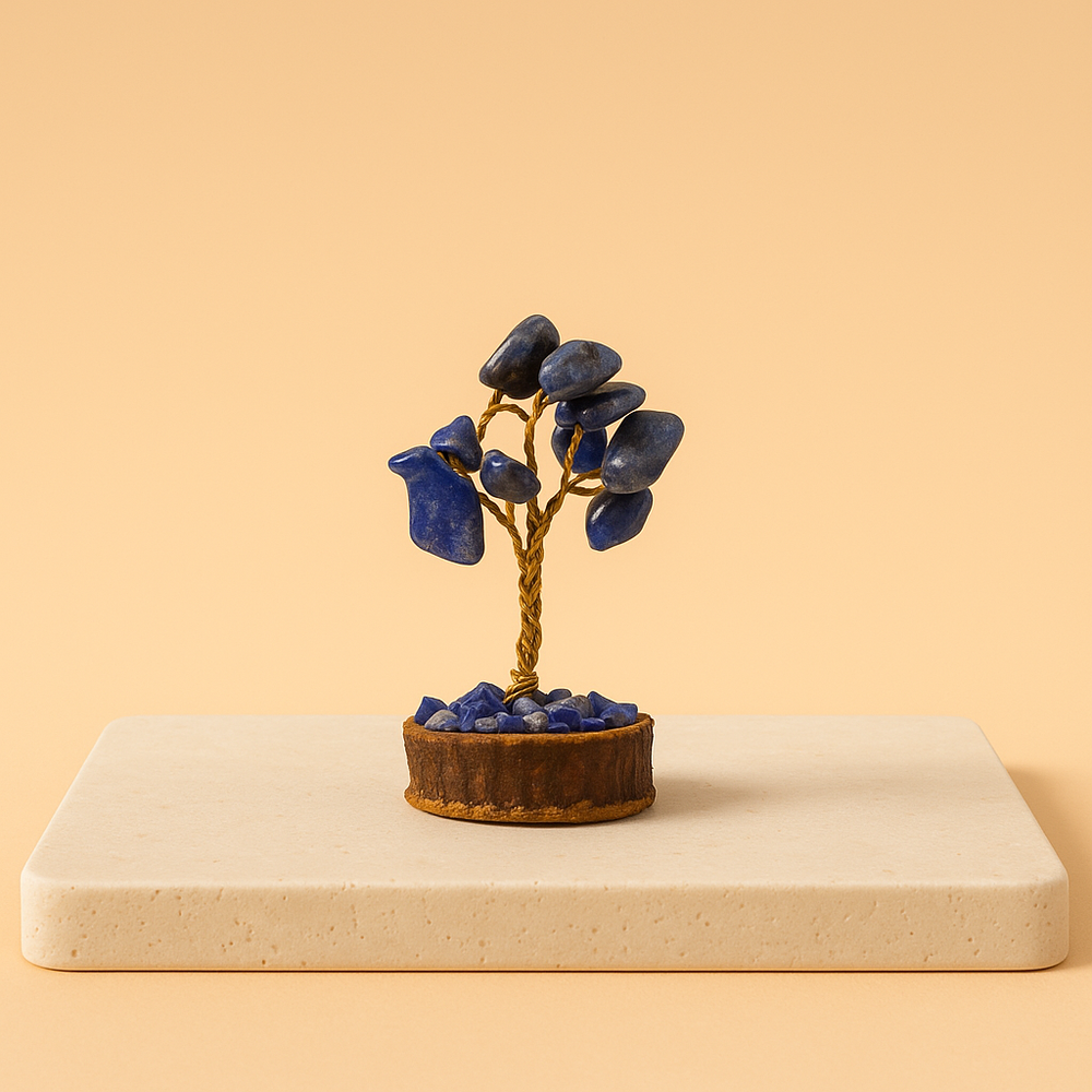 Árbol de sodalita con base de madera, 15 piedras azules, ramas flexibles de altura 12 cm - facilita concentración y claridad