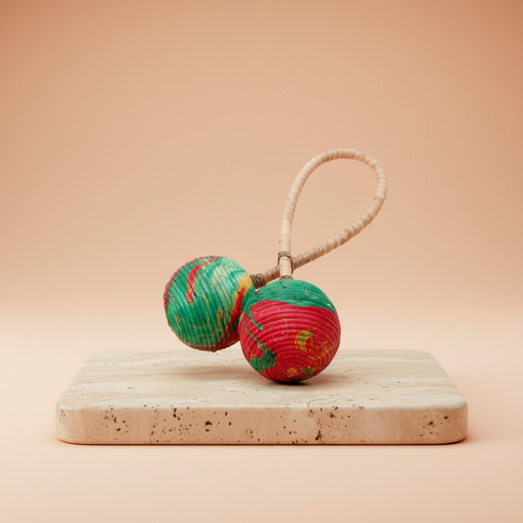 Sonajero Maracas de Doble Giro: doble esfera en fibras naturales y cáscaras, rojo y verde - ofrece ritmo y calma.