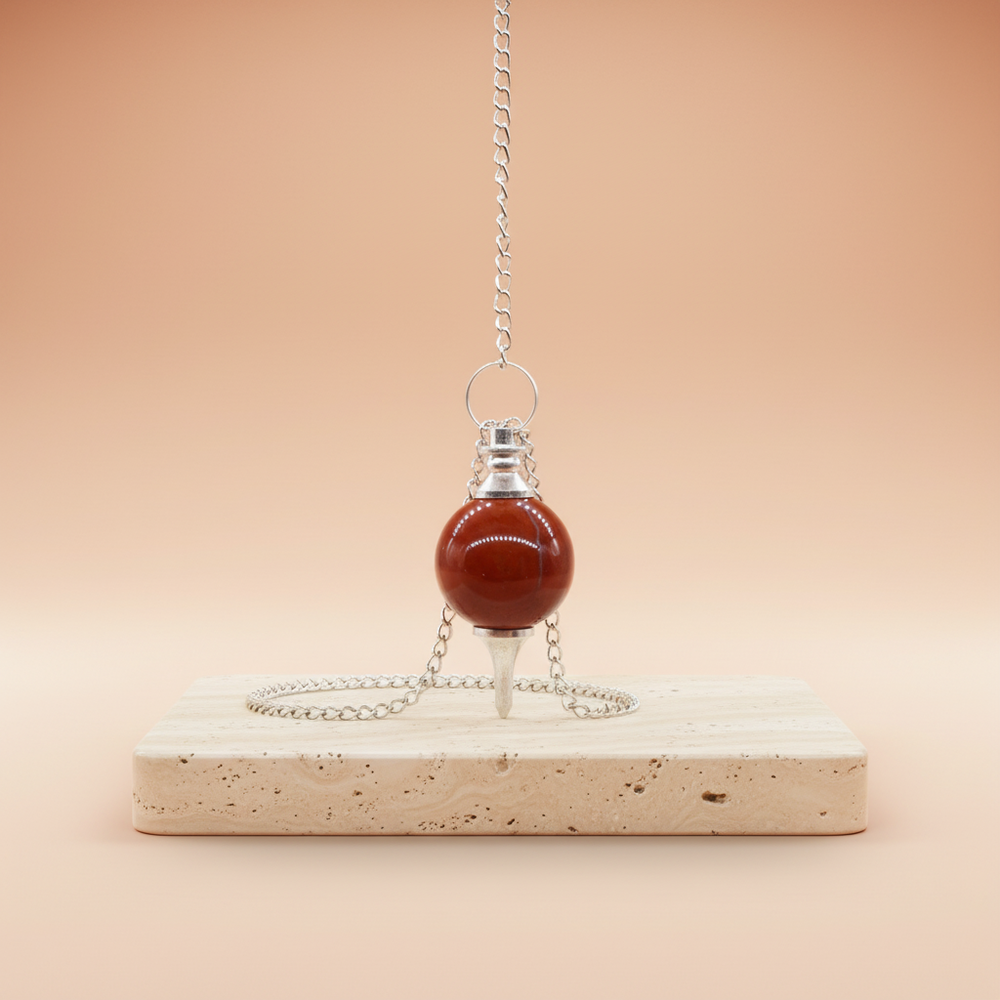 Péndulo jaspe rojo, esfera pulida, color carmín y forma redonda, ideal para meditación - favorece enfoque y equilibrio