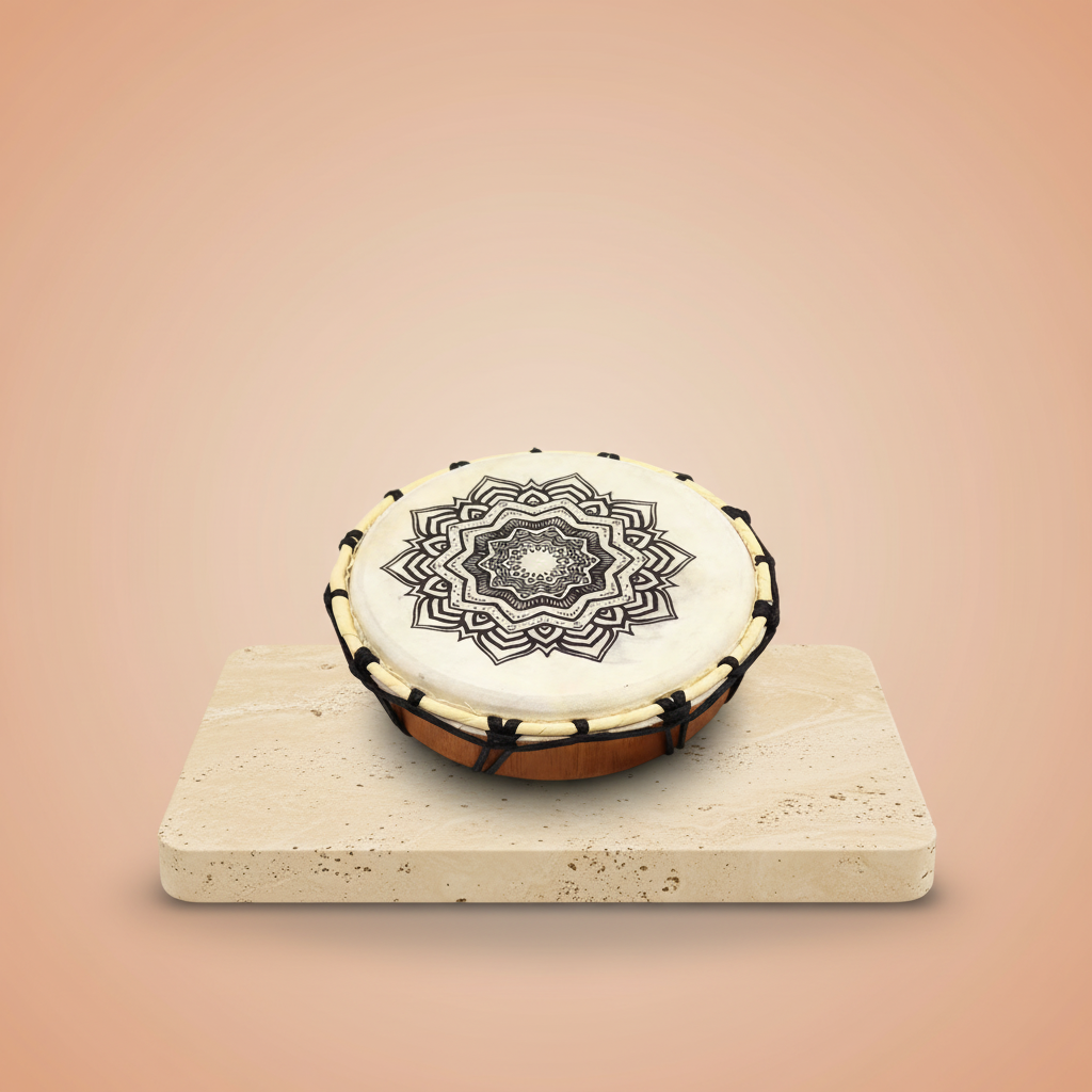 Tambor Chamánico Mandala 20 cm: diseño circular pintado a mano, piel de cabra y madera de suar, baqueta incluida - bienestar