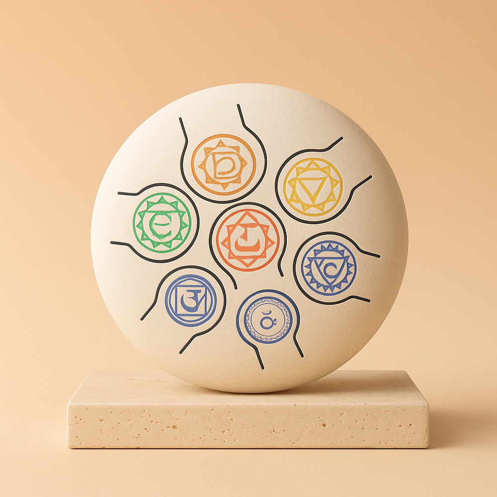 Tambor Hapi 7 Chakras 18 cm: tambor circular de acero pulido con siete lengüetas afinadas - favorece sanación y equilibrio