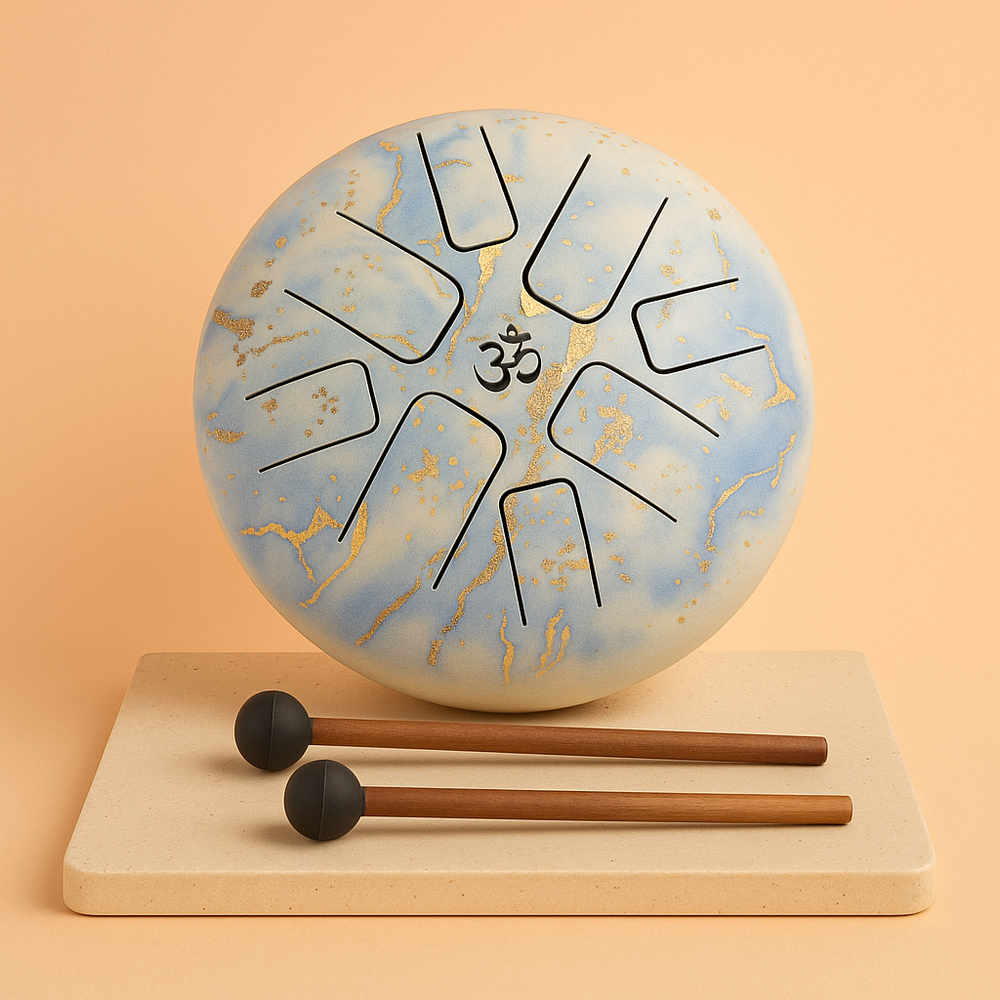 Tambor Hapi Cielo Azul OM de 18cm de acero con lengüetas afinadas; instrumento ritual para meditación - calma interior