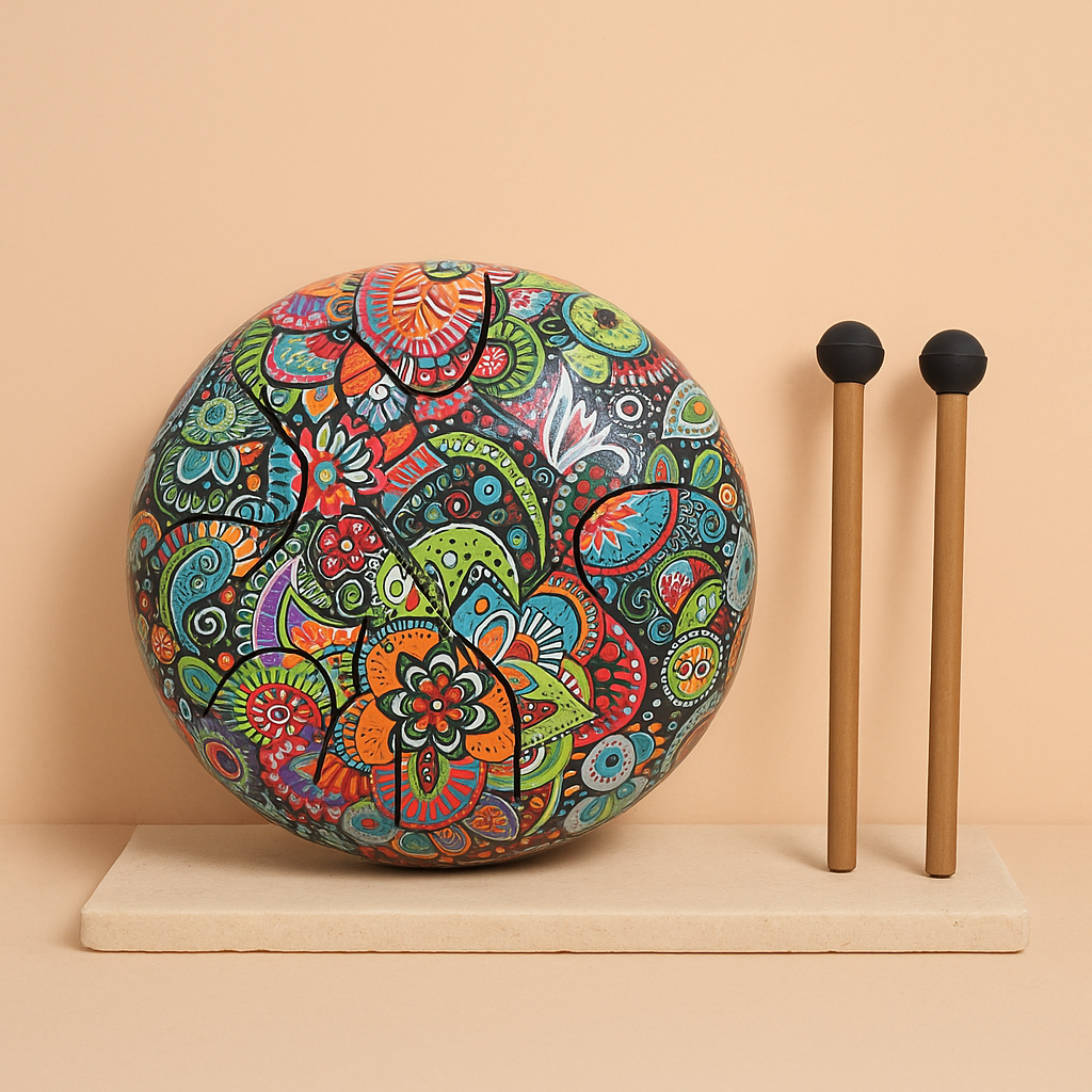 Tambor Hapi Multicolor OM 18cm, tambor de lengua de acero con acabado colorido y grabado — armoniza chakras y eleva ánimo
