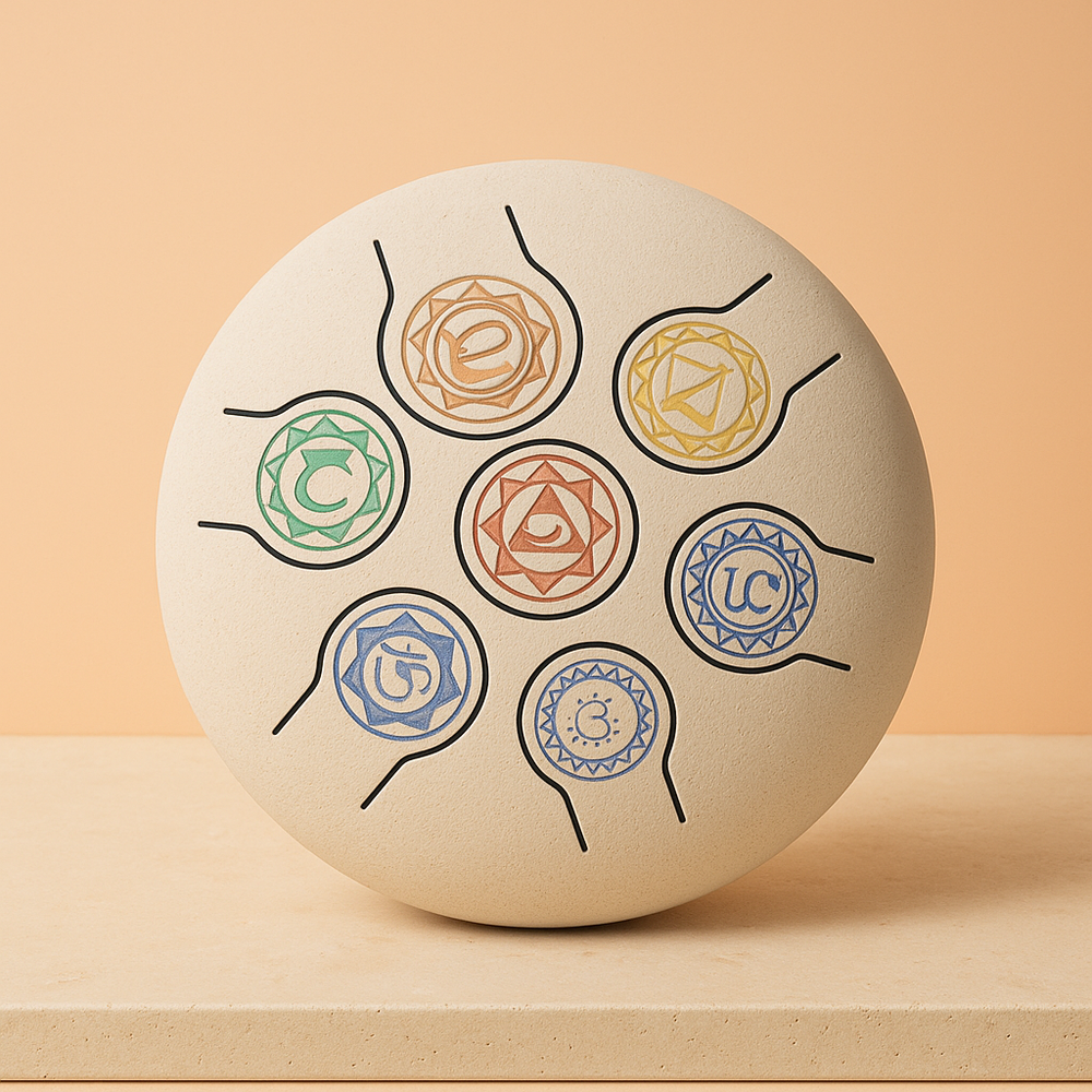 Tambor Hapi 7 Chakras, mediano 17x13 cm, acero con siete lengüetas afinadas y acabado plateado - bienestar