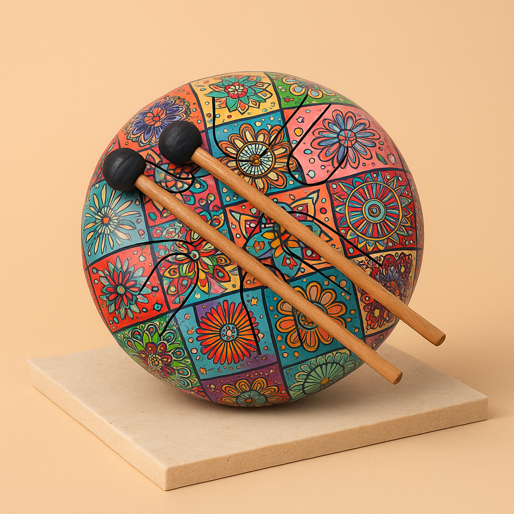 Tambor Hapi multicolor mediano 17x13 cm, instrumento circular con lengüetas de acero - armonía de chakras y autocuidado