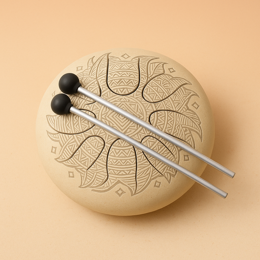 Tambor Om Mandala Grabado, ritual circular de acero plateado, 16 cm; OM tallado - Estimula creatividad y calma.