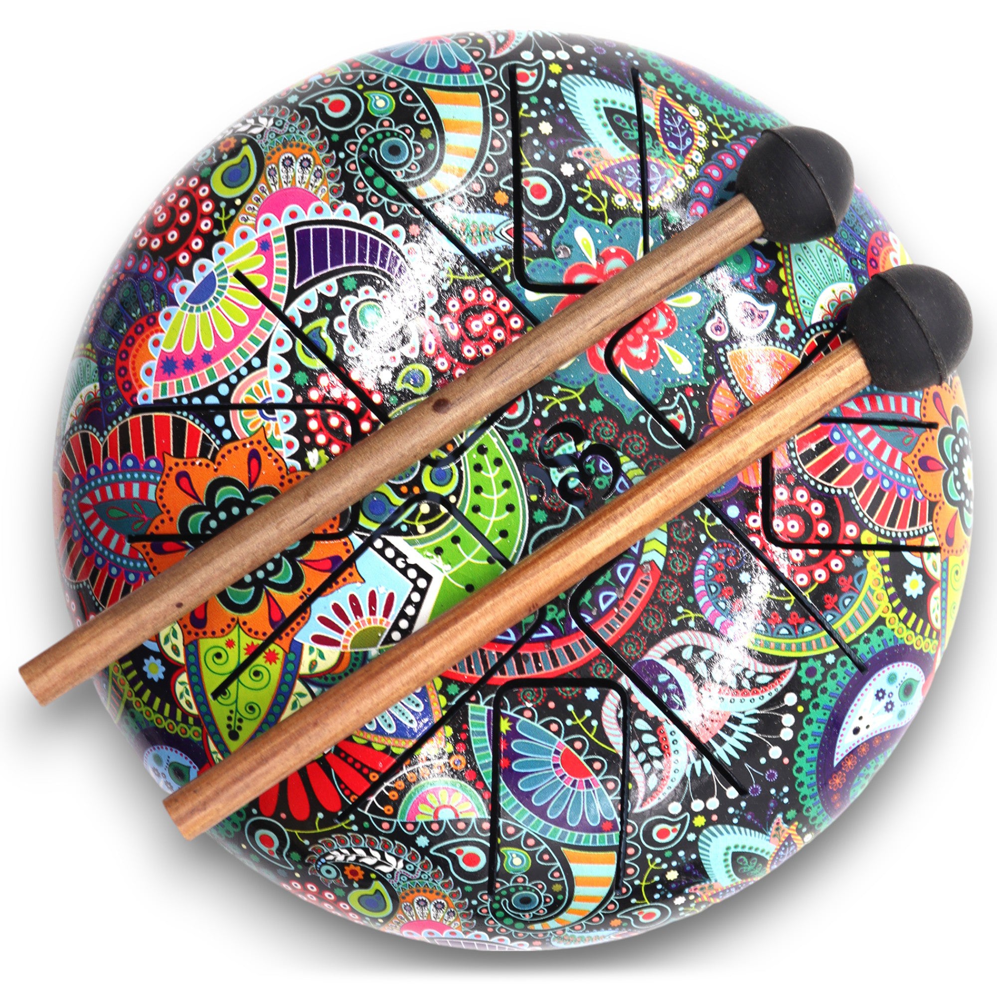 Tambor Hapi Multicolor OM 18 cm, acero con lengüetas y grabado OM, ritual colorido — armoniza chakras y eleva el ánimo