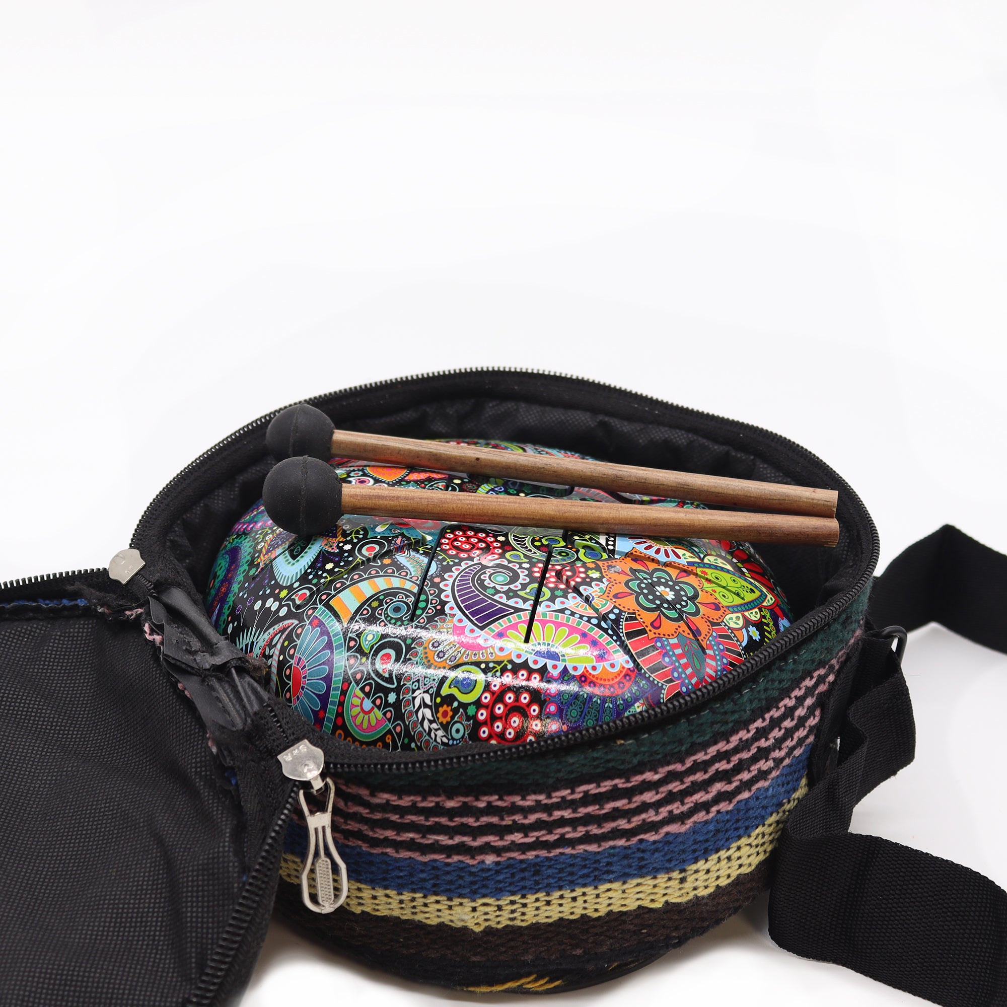 Tambor Hapi Multicolor OM 18 cm, acero con lengüetas y grabado OM, ritual colorido — armoniza chakras y eleva el ánimo