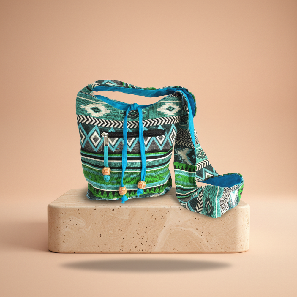 Mochila pequeña en Teal, tejido Jacquard, diseño compacto y ligero, textura única y estilo zen - favorece armonía energética