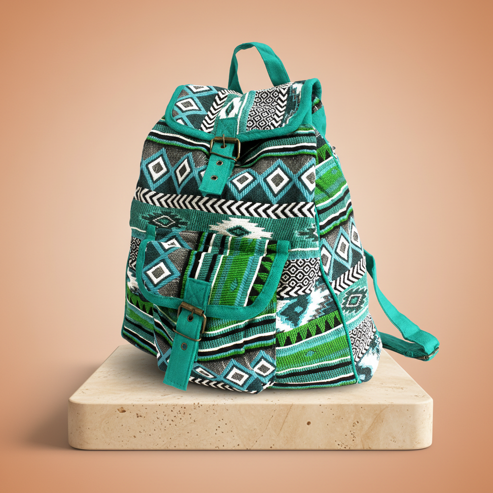 Mochila Teal de tejido Jacquard, bolso casual en color azul verdoso y textura entrelazada - armonía energética
