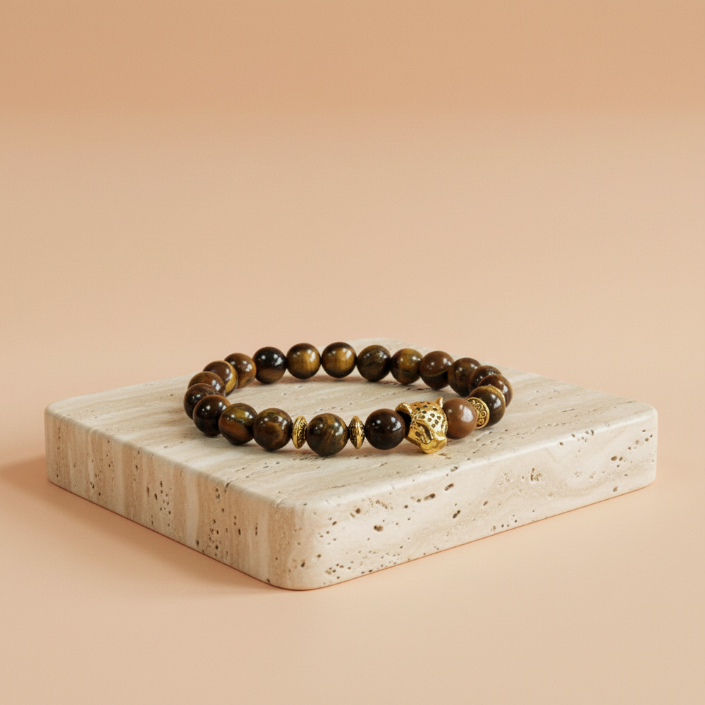 Pulsera ojo de tigre dorado con cuentas redondas, brazalete de cristal, tono cálido - favorece foco y equilibrio