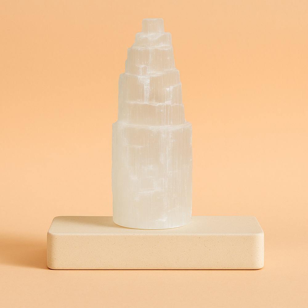 Torre de selenita blanca tallada en escalones, cristal translúcido de 15 cm - purificación y serenidad