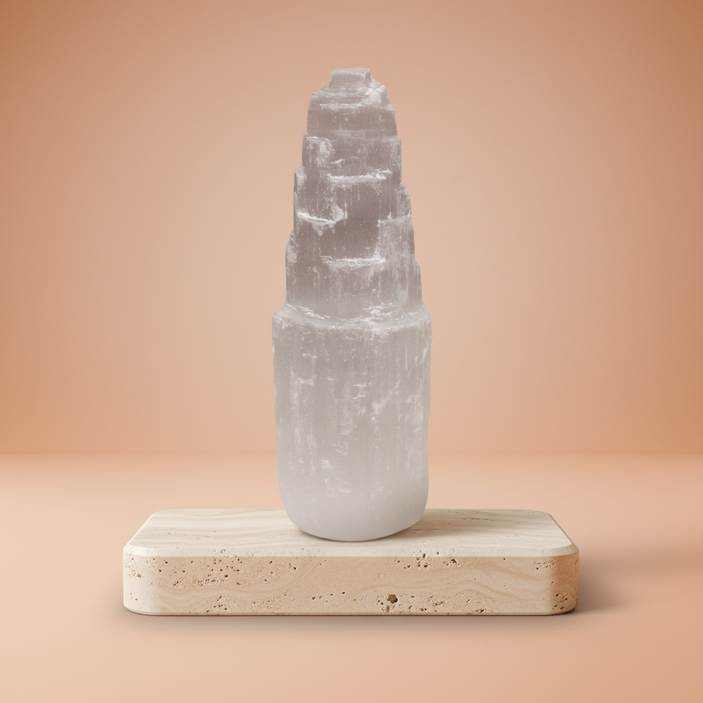Torre de selenita natural de 15 cm, columna translúcida blanca - ideal para meditación y equilibrio energético