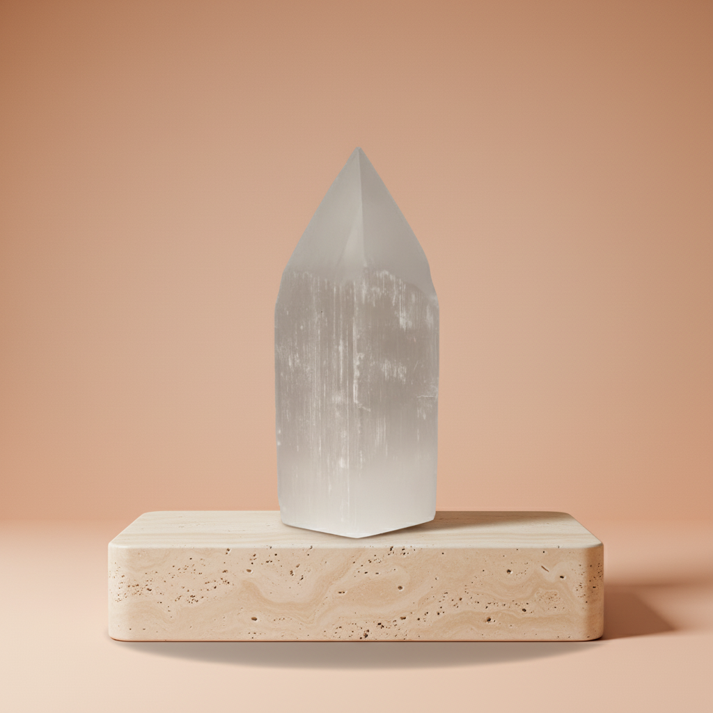 Torre de selenita natural con punta de lápiz, 15 cm, translúcida y blanca lechosa, energía focalizada - purificación y paz