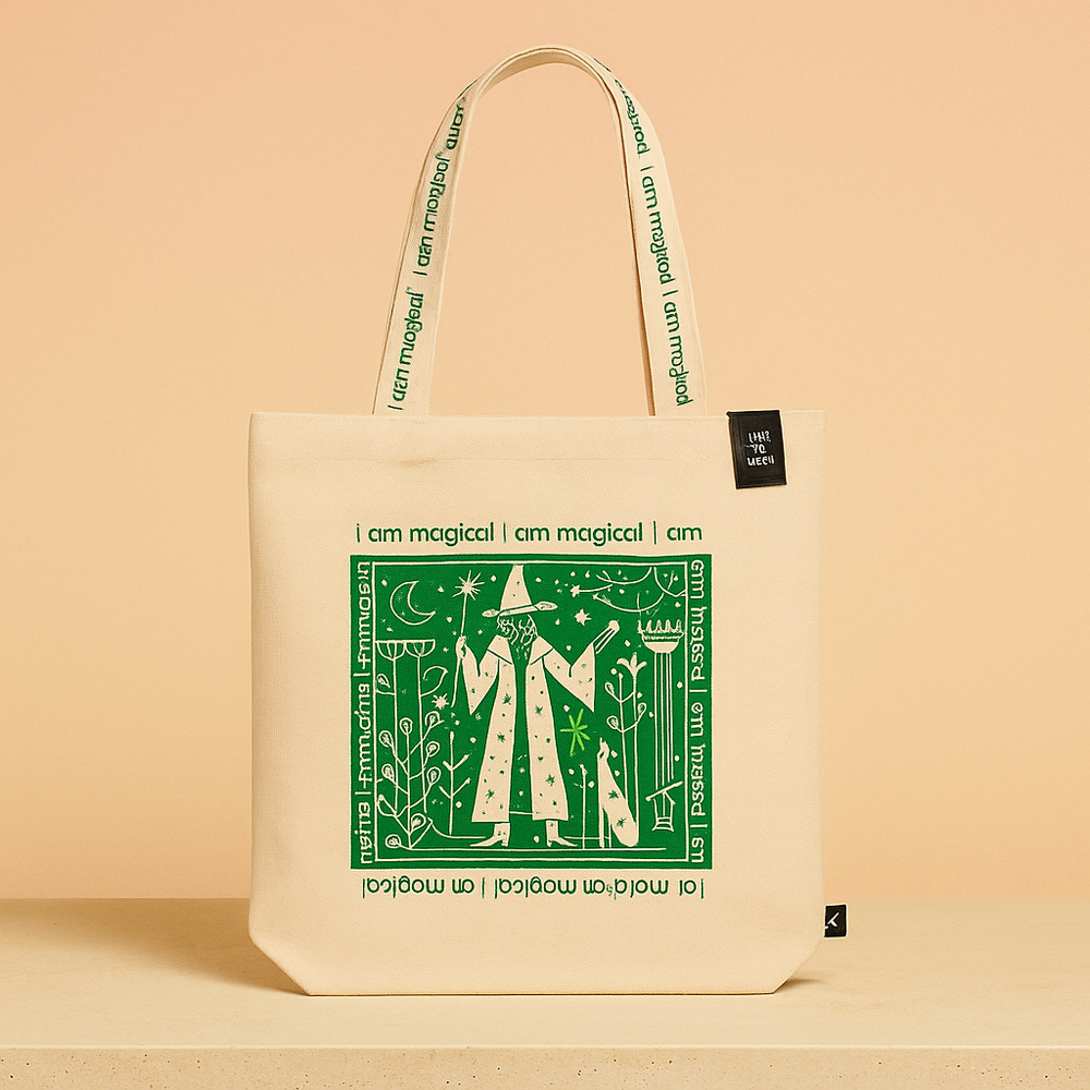Tote bag de algodón, blanca y espaciosa, con diseño inspirado en el tarot y la frase 'I Am Magical' - equilibrio