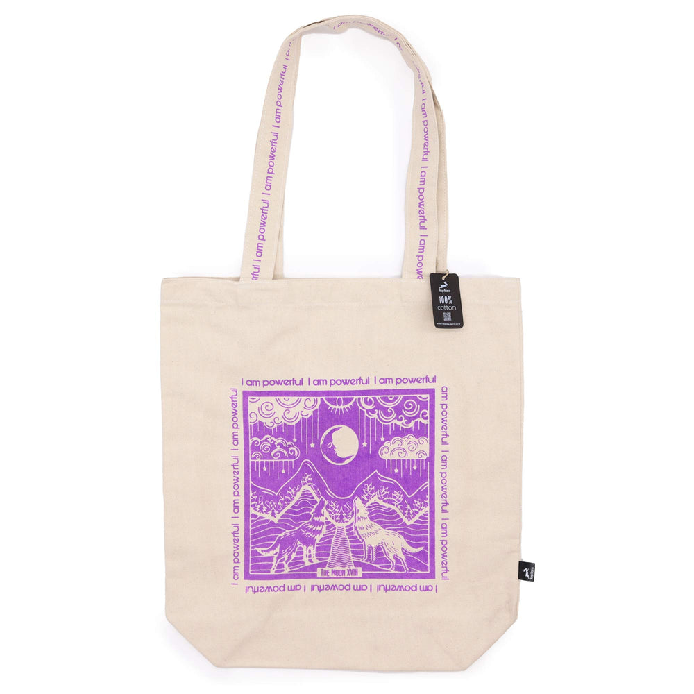 Tote bag de algodón blanco con diseño de tarot 'I Am Powerful', amplia y resistente para uso diario - empoderamiento diario