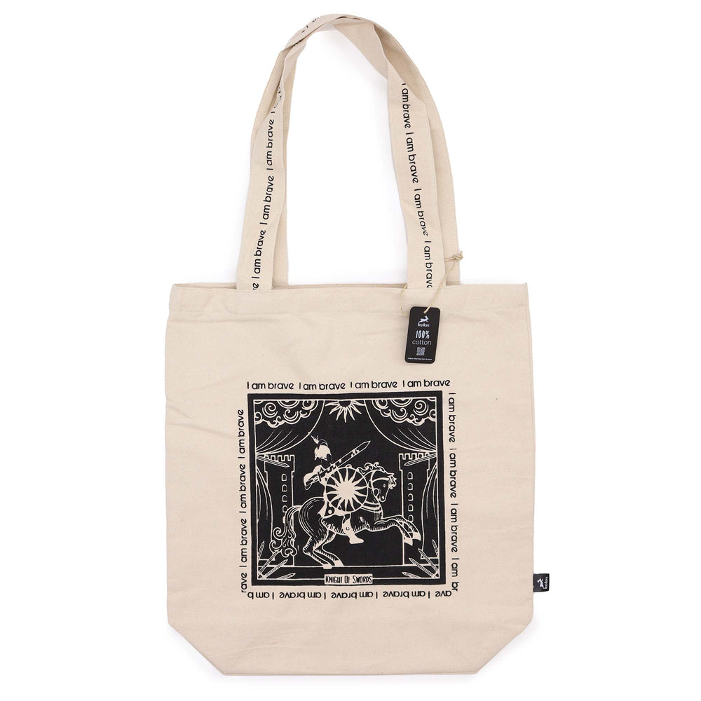 Tote bag de algodón blanca, tamaño amplio, diseño tarot con frase 'I Am Brave', resistente y práctica - equilibrio