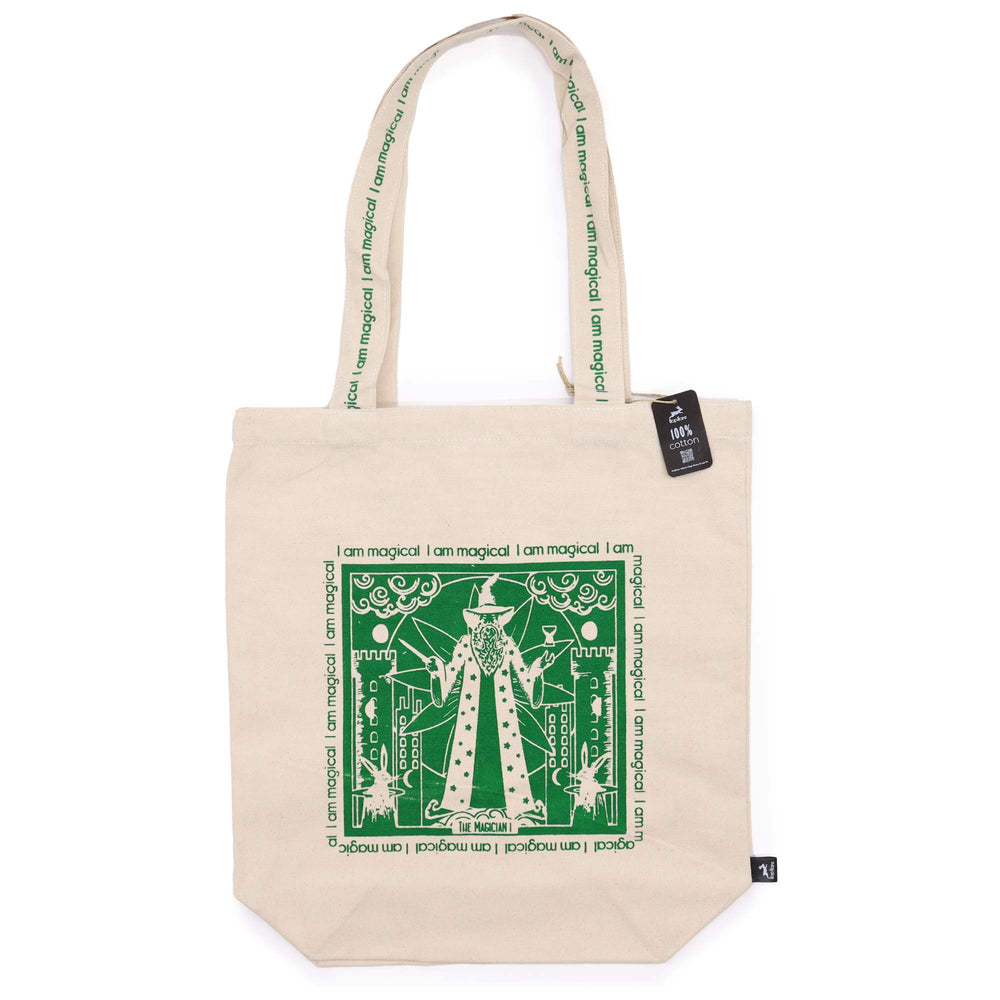 Tote bag de algodón blanca, amplia, resistente; con estampado en tarot, lema I Am Magical; para uso diario - equilibrio
