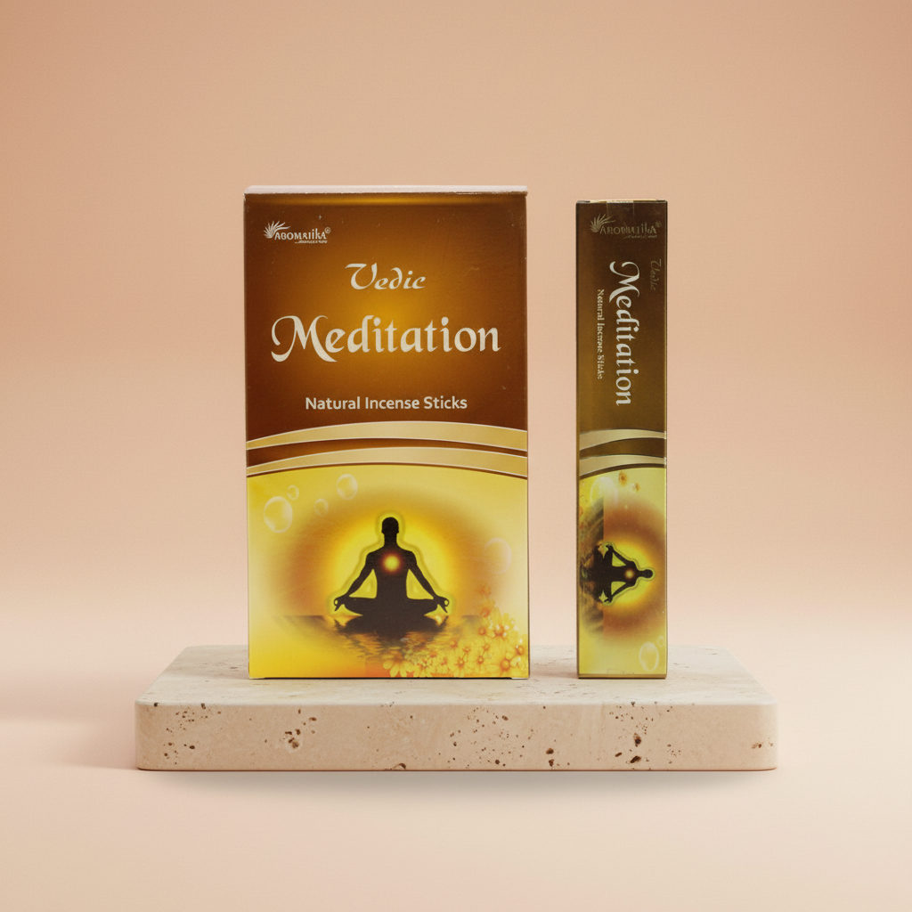 Incienso védico de meditación—varillas delgadas; estética natural para ambiente zen; favorece armonía y concentración.