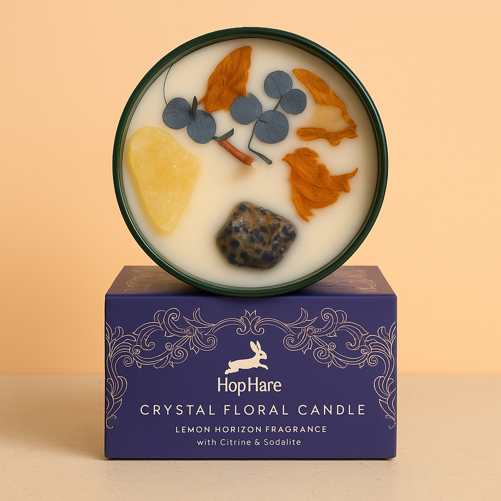 Vela aromática citrino y sodalita con Lemon Horizon, cristales auténticos, cera natural, caja de lujo - abundancia
