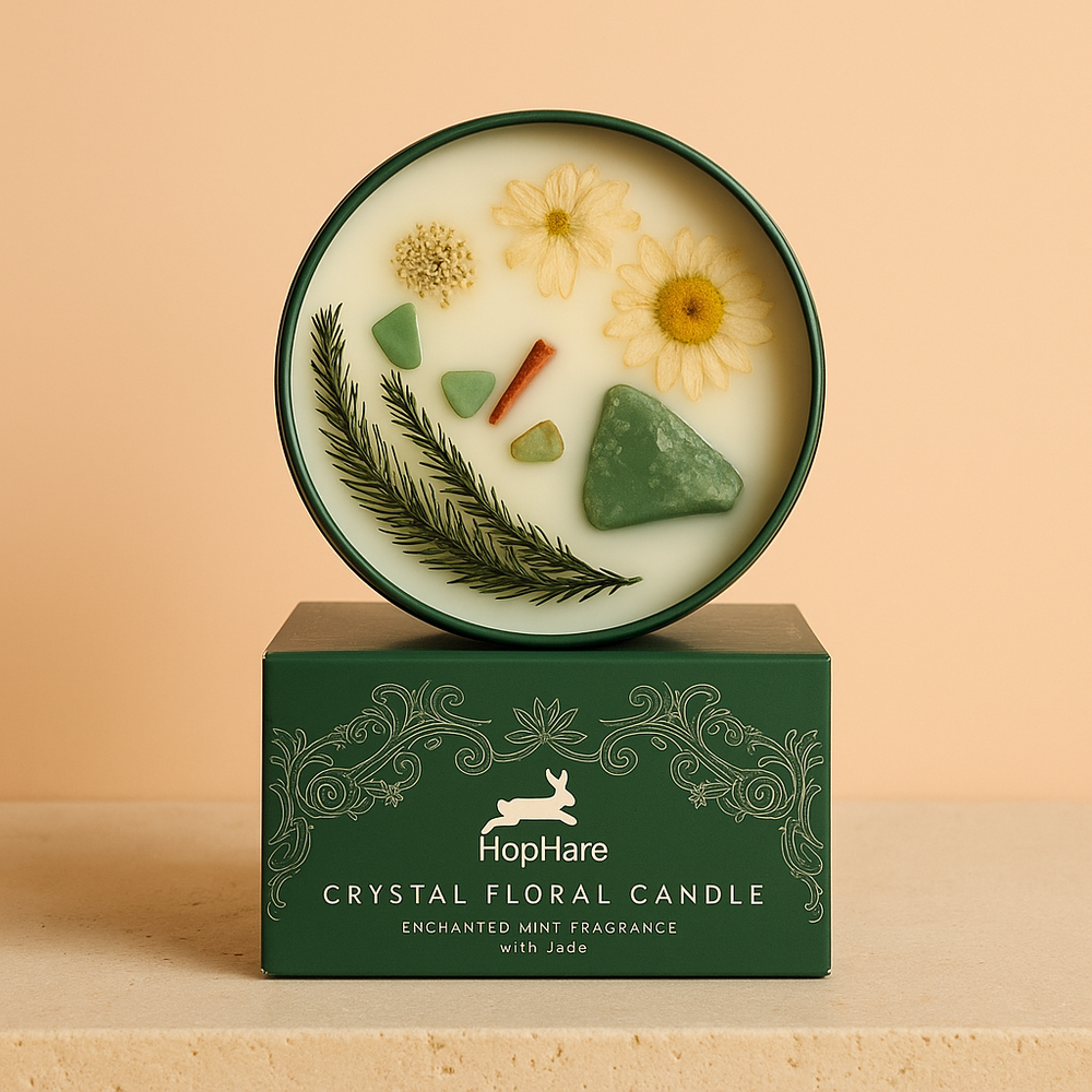 Vela aromática con cristales de jade visibles, cera natural y flores secas, fragancia Enchanted Mint - equilibrio