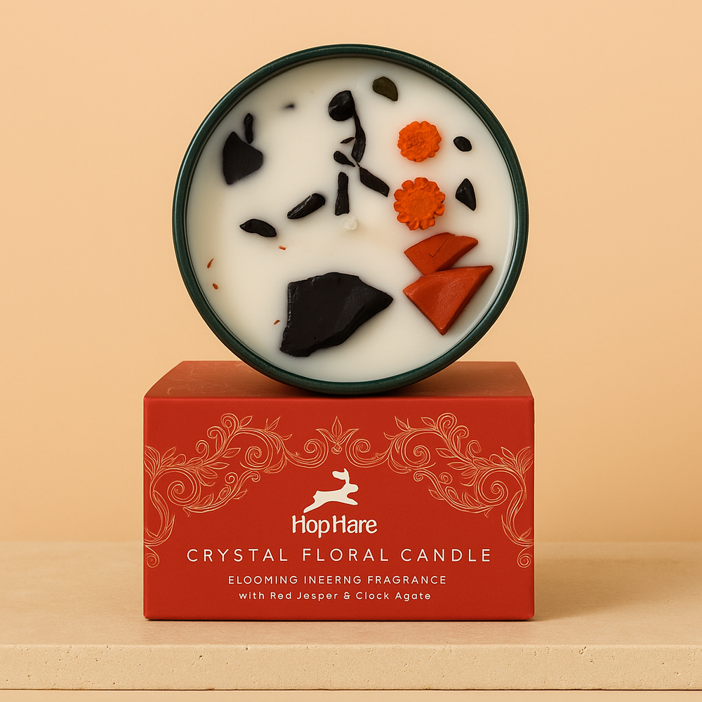Vela aromática con cristales de jaspe rojo, ágata negra, cera natural - fragancia Blooming Inferno - vitalidad y protección