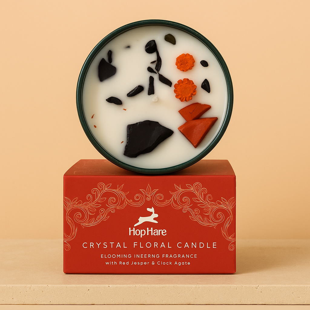 Vela aromática con cristales de jaspe rojo, ágata negra, cera natural - fragancia Blooming Inferno - vitalidad y protección