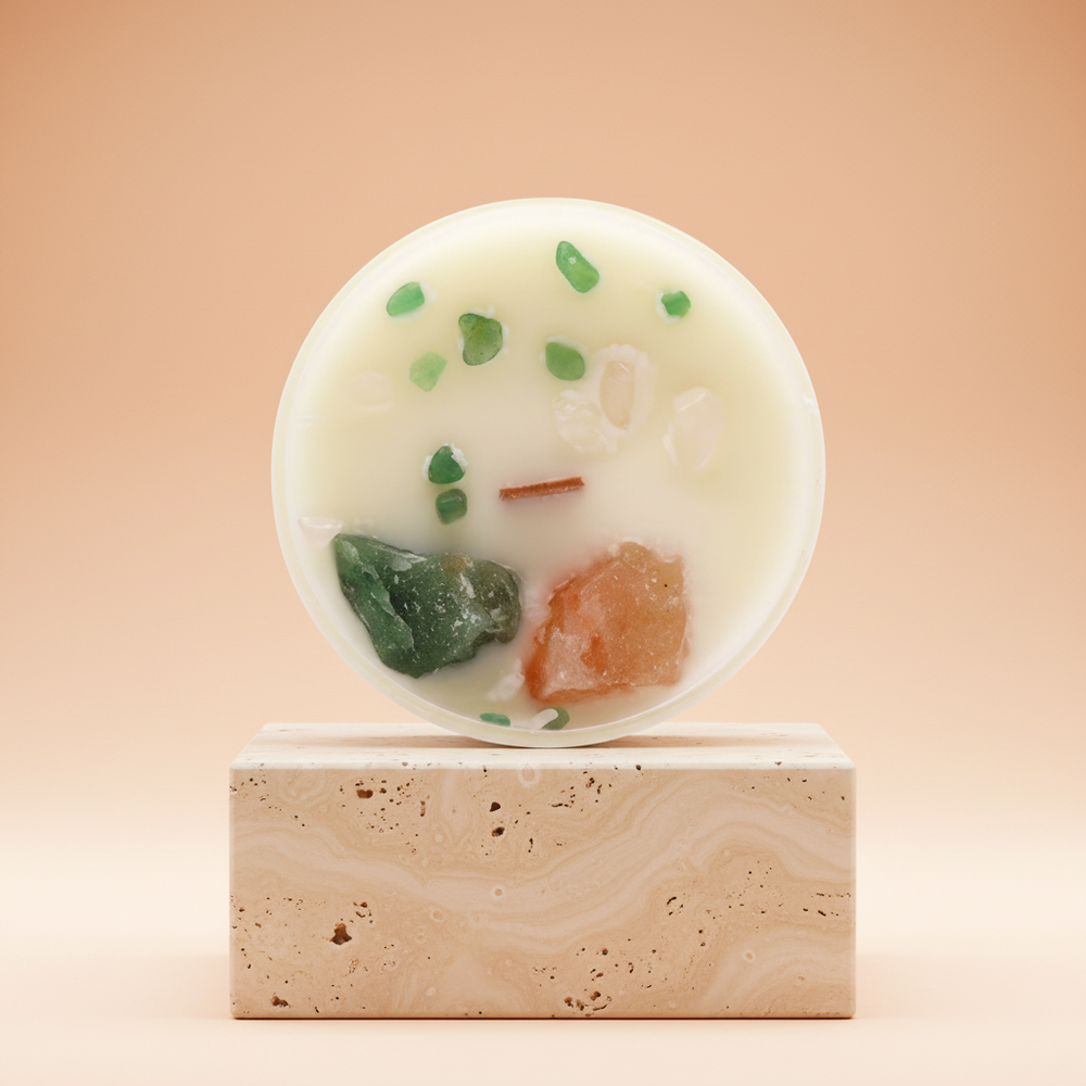 Vela de Cristal del Chakra del Corazón en recipiente, con cuarzo rosa y jade; aroma Rosa Mosqueta - fomenta amor y sanación