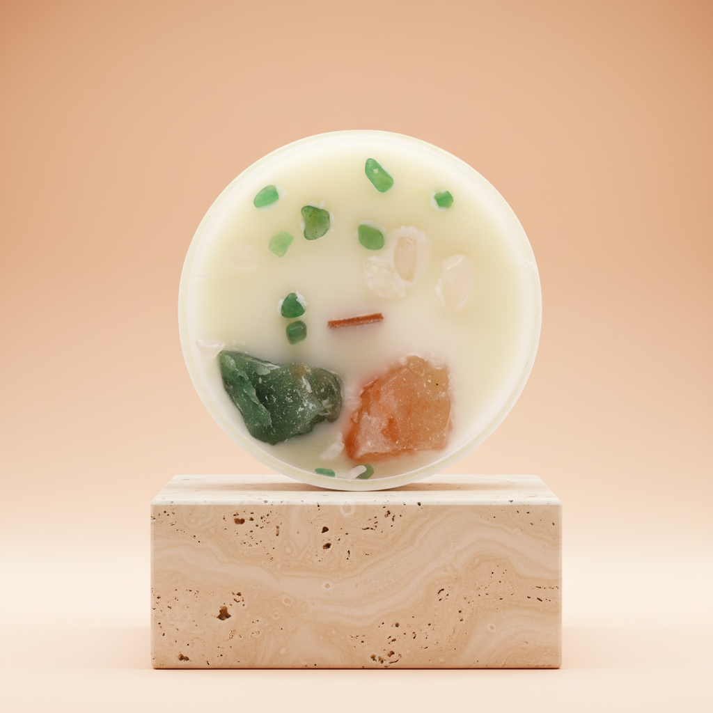 Vela de Cristal del Chakra del Corazón en recipiente, con cuarzo rosa y jade; aroma Rosa Mosqueta - fomenta amor y sanación