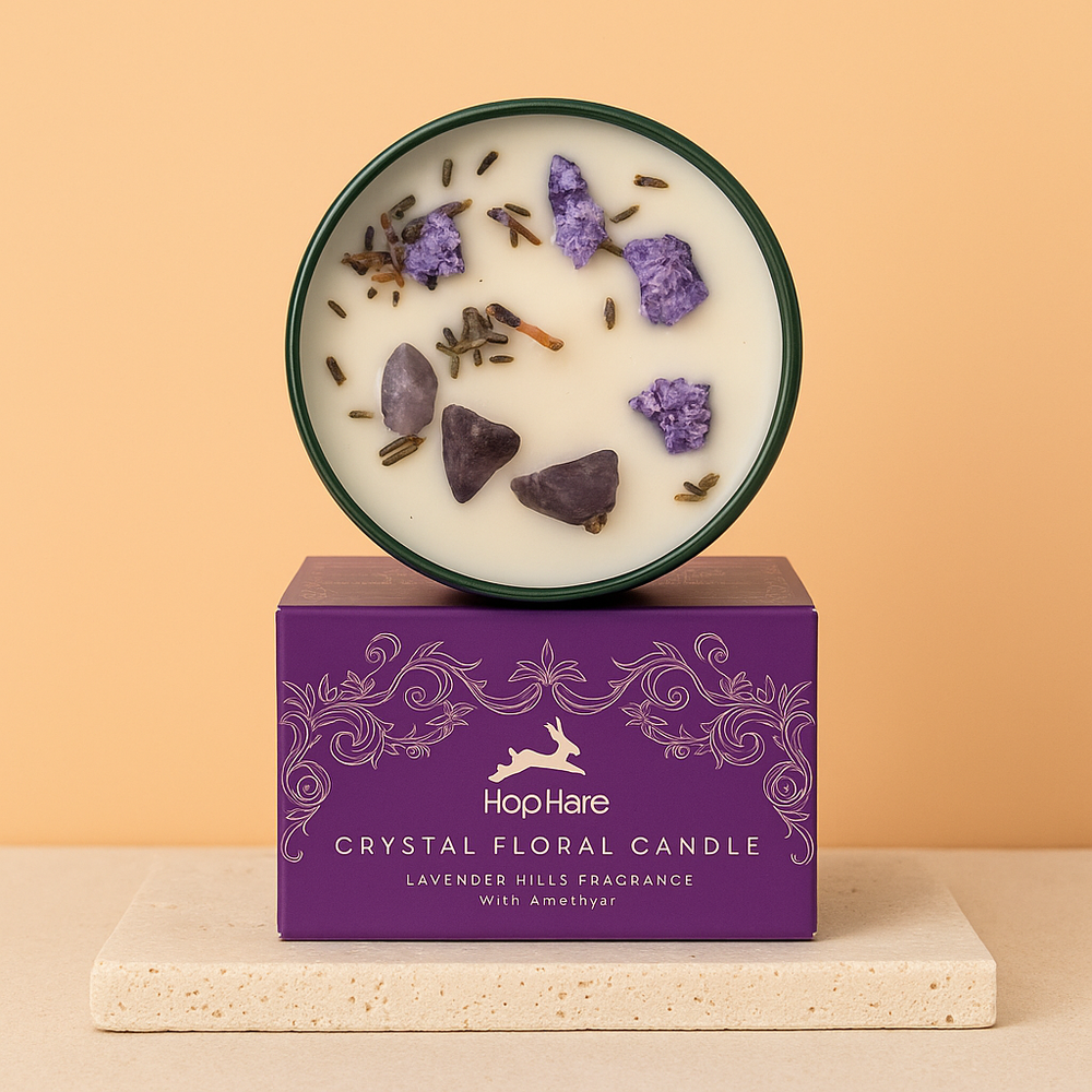 Vela aromática con amatista: cera natural, cristales incrustados y fragancia de lavanda; caja de lujo - promueve relajación