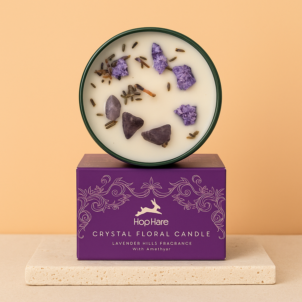 Vela aromática con amatista: cera natural, cristales incrustados y fragancia de lavanda; caja de lujo - promueve relajación