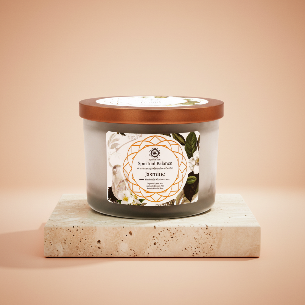 Vela perfumada jazmín con cuarzo cristalino incrustado, cilindro translúcido, blanco, armonía - equilibrio espiritual