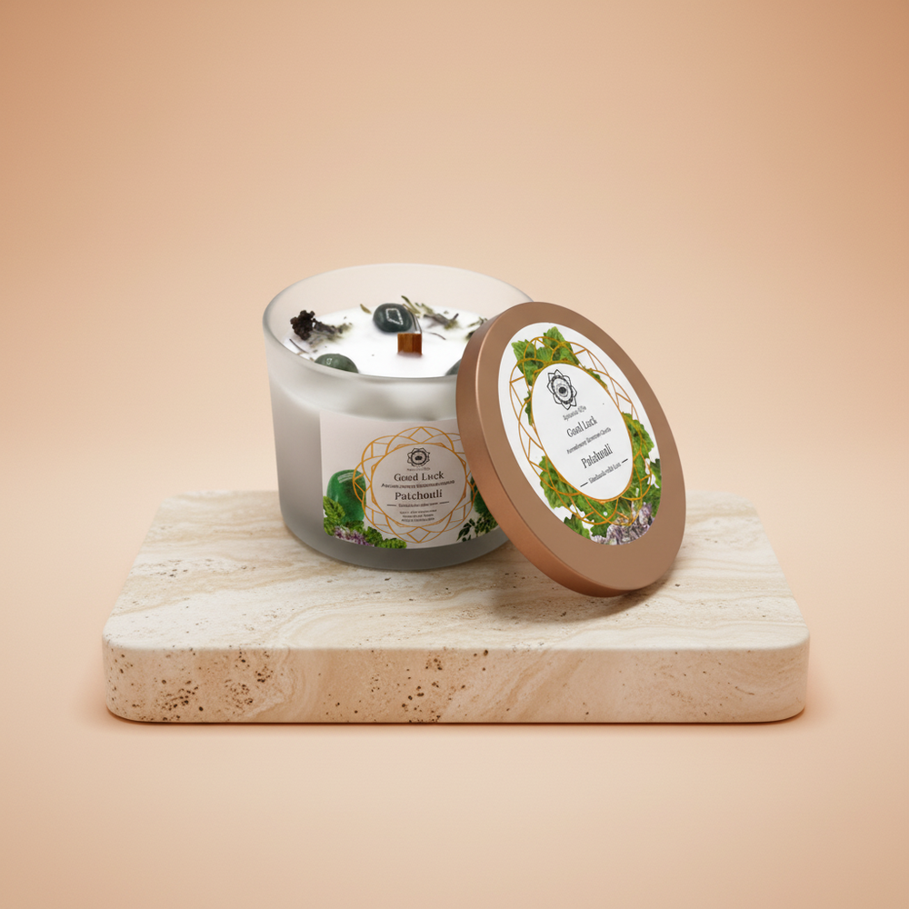 Vela aromática en vaso de vidrio con tapa de metal; pachulí y Aventurina Verde - Atrae buena suerte y prosperidad